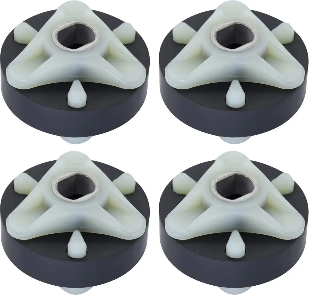 Four appliance mounting shock absorbers, black and white.